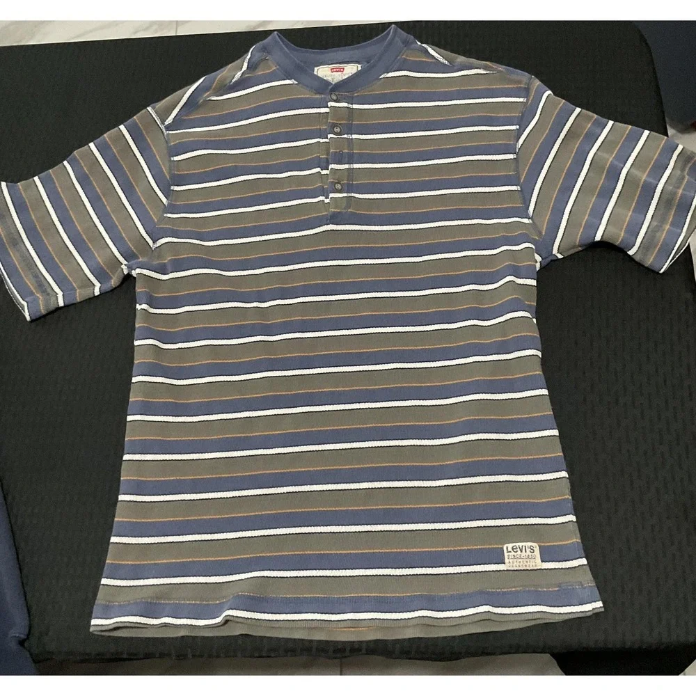 VINTAGE Levi's Shirt Mens Medium Blue Striped Henley Short Sleeve Jersey Tee